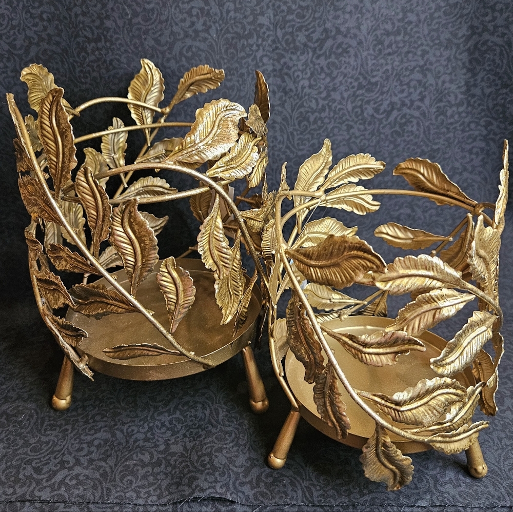 NWT Sullivans Golden Vines Pillar Candle Holder Set of 2 Gold Leaves